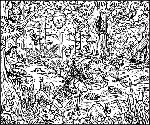 Cartoon Pool Dwi 0055 Wimmelbild Wald Baume Kinder